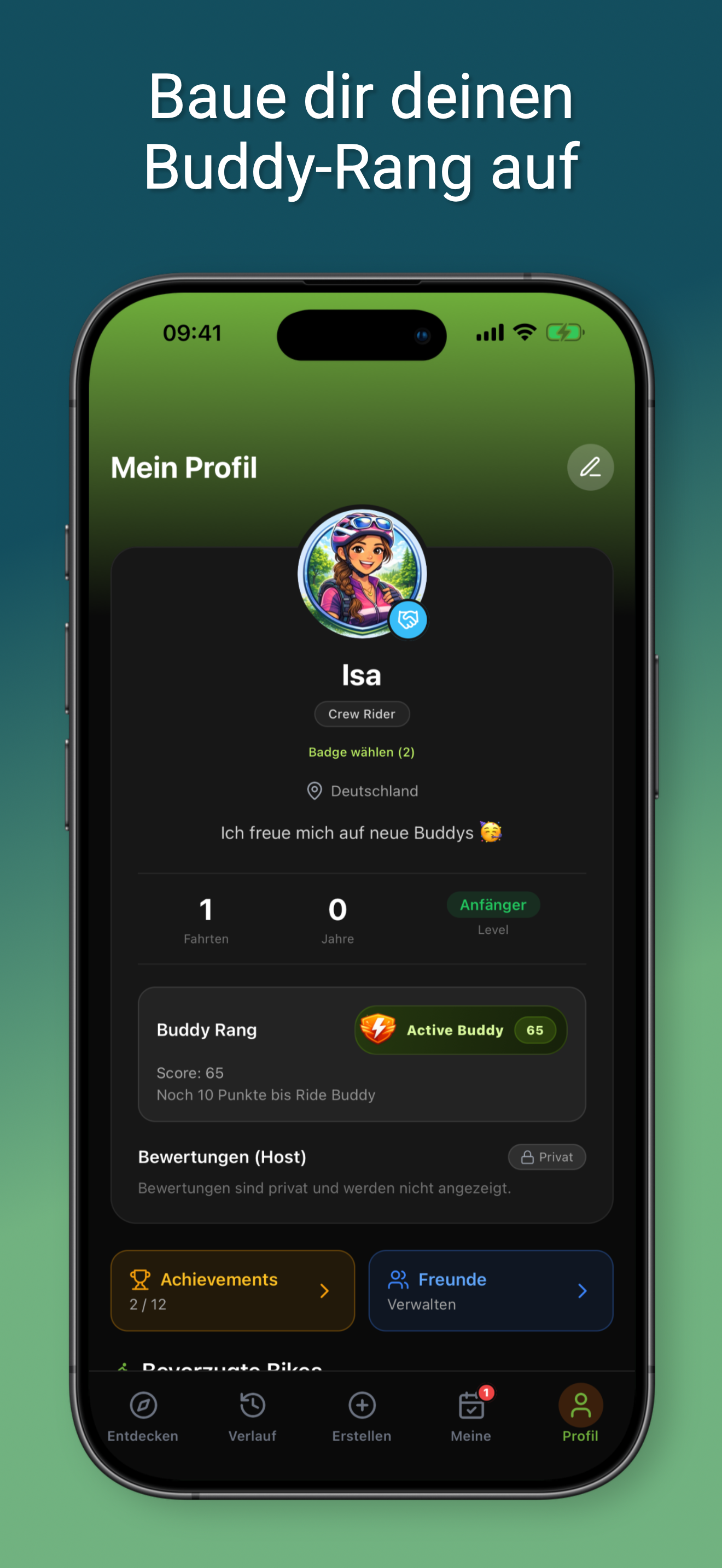 Vorschau einer Profil-Ansicht mit Buddy-Rang in BikeBuddy